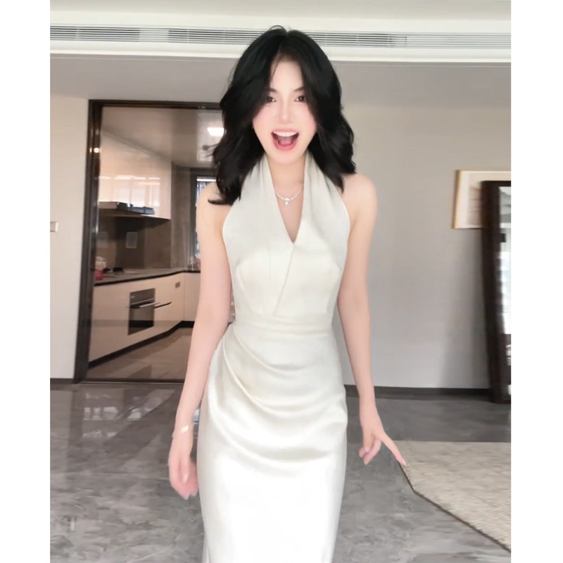 White Evening Dress for Birthday Party, Registration Ceremony, Simple and Elegant Halter Neck Engagement Dress White Evening Dress for Birthday Party, Registration Ceremony, Simple and Elegant Halter Neck Engagement Dress