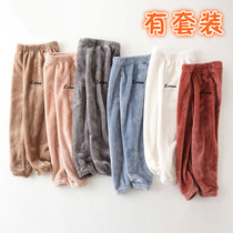 Warm pants childrens autumn suit home warmth winter boys and girls coral velvet pajama pants outside wear flannel thickened