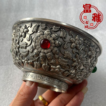 Antique antiques and antiques made in the Qianlong period of the Qing Dynasty red emerald flower blooming wealth bowl old antique gilt silver bowl decoration