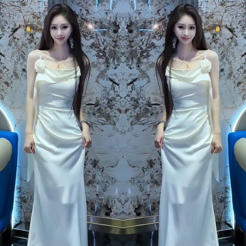 Trendy Luxury Style Dress with a Ribbon Waist, Elegant and Feminine, Korean Style Long Slip Dress That Covers the Body Trendy Luxury Style Dress with a Ribbon Waist, Elegant and Feminine, Korean Style Long Slip Dress That Covers the Body