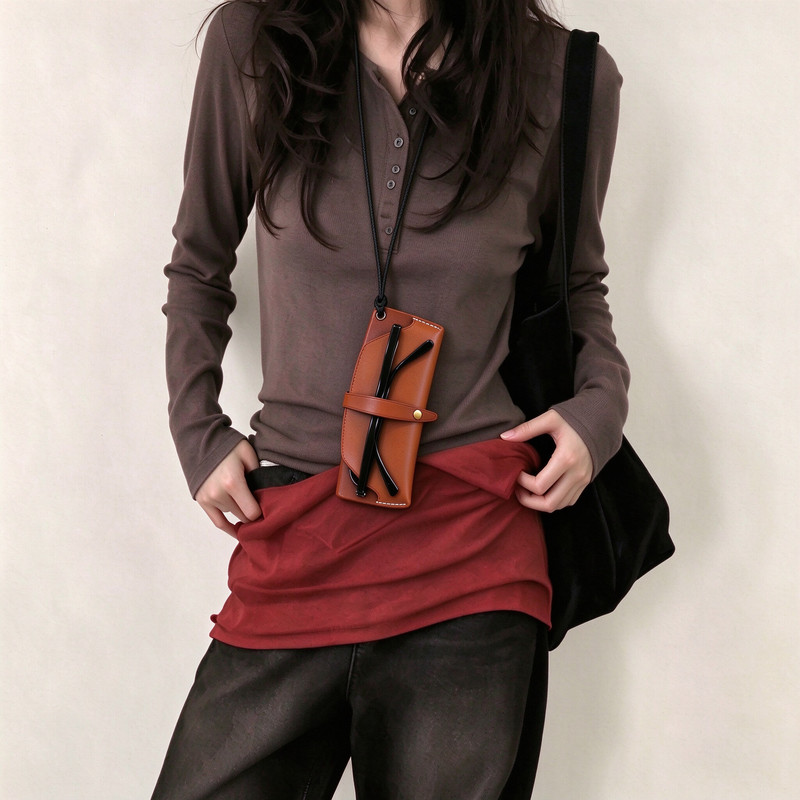Creative New Style Genuine Leather Glasses Storage Bag, Outdoor Sunglasses Anti-Lost Glasses Case, Neck Strap, Solid Color Universal Glasses Bag