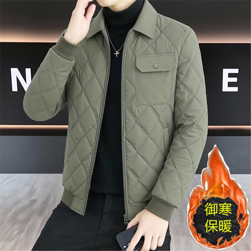 Lapel Diamond Quilted Cotton Jacket for Men, Korean Style Casual Warm Versatile Trendy Workwear Lightweight Coat
