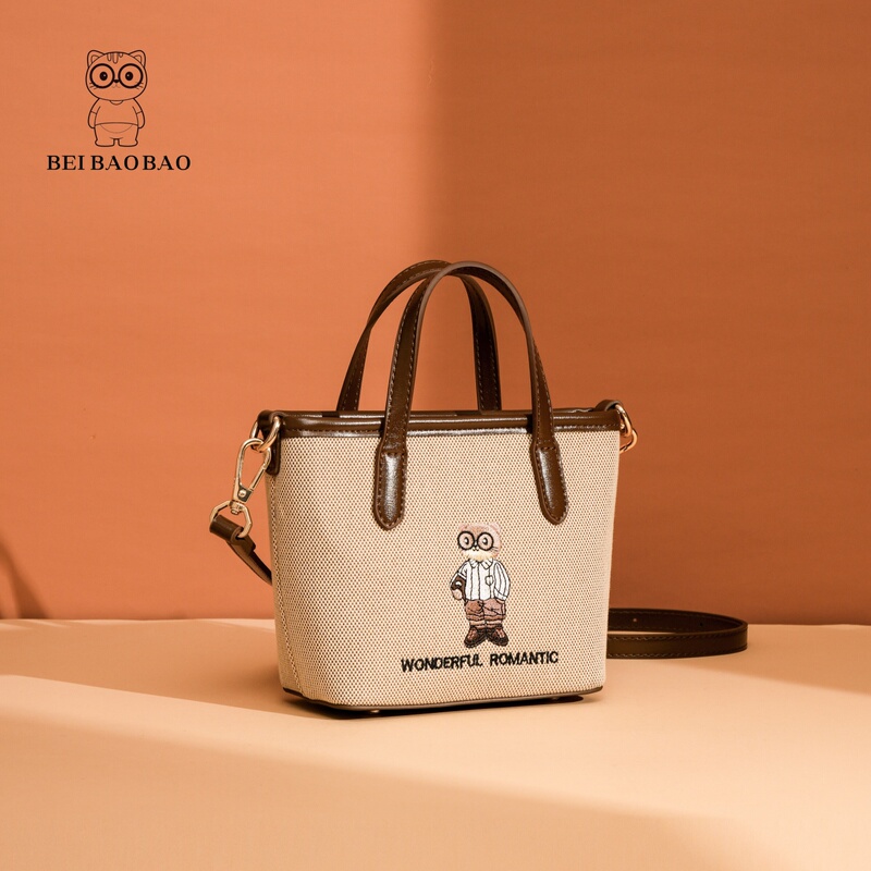 Beibao Bear Embroidered Canvas Bag 2026 New Cartoon Commuter Handbag Crossbody Bag Women's Basket Tote Bag