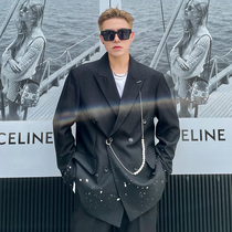 POP mens autumn inkjet suit trend advanced design sense pearl hanging ornaments Korean loose casual jacket