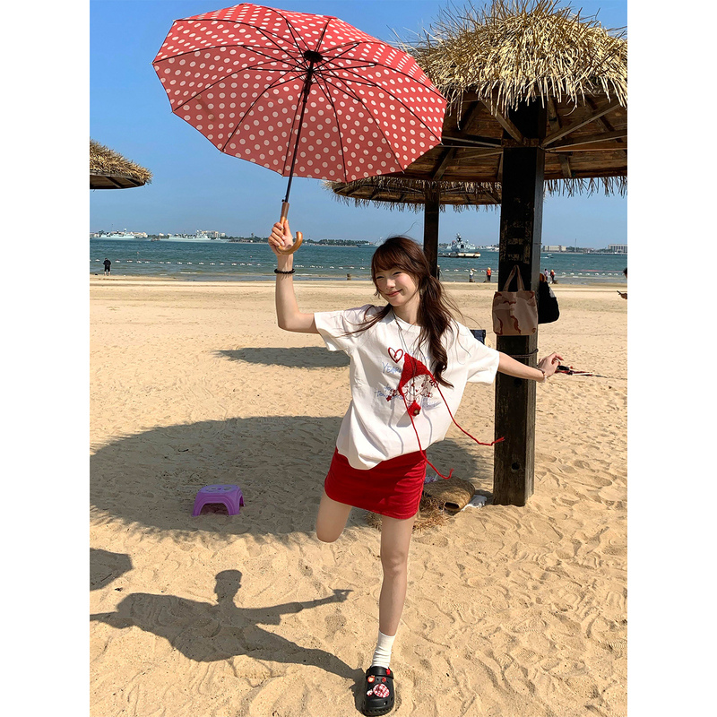 Korean-Style Sweet Casual Sports Suit for Women, Summer Fashion Design, Cute Cartoon Short-Sleeved Short Skirt Two-Piece Set