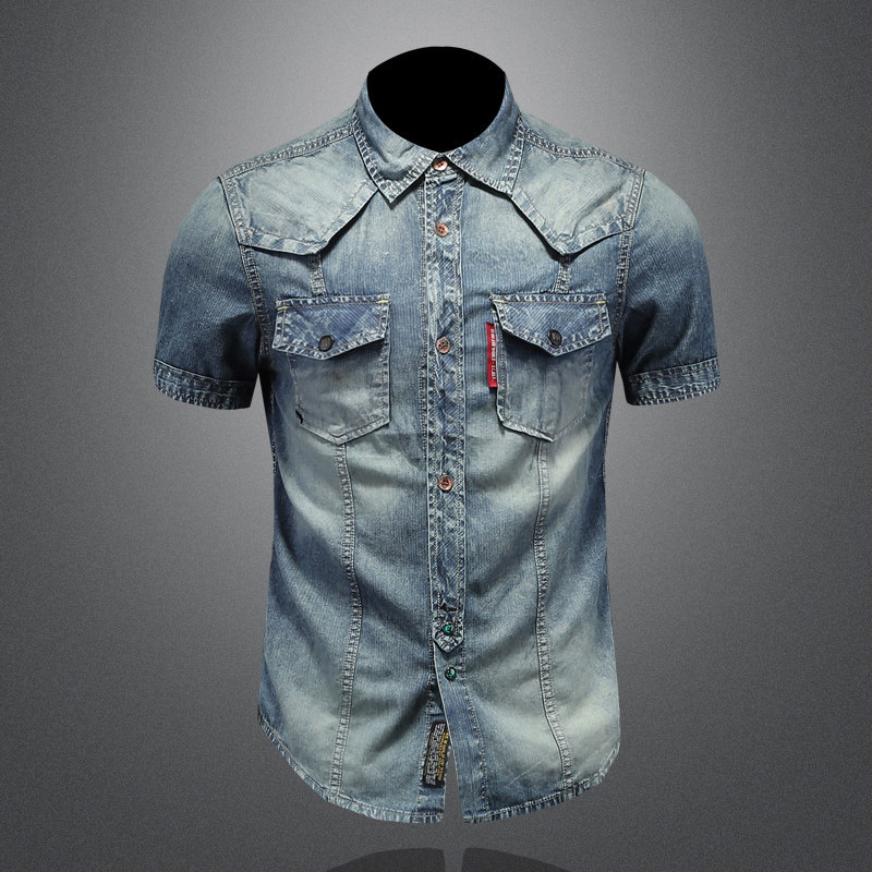 Heavyweight Vintage Washed Denim Short-Sleeve Shirt, Slim Fit Punk Denim Shirt Heavyweight Vintage Washed Denim Short-Sleeve Shirt, Slim Fit Punk Denim Shirt