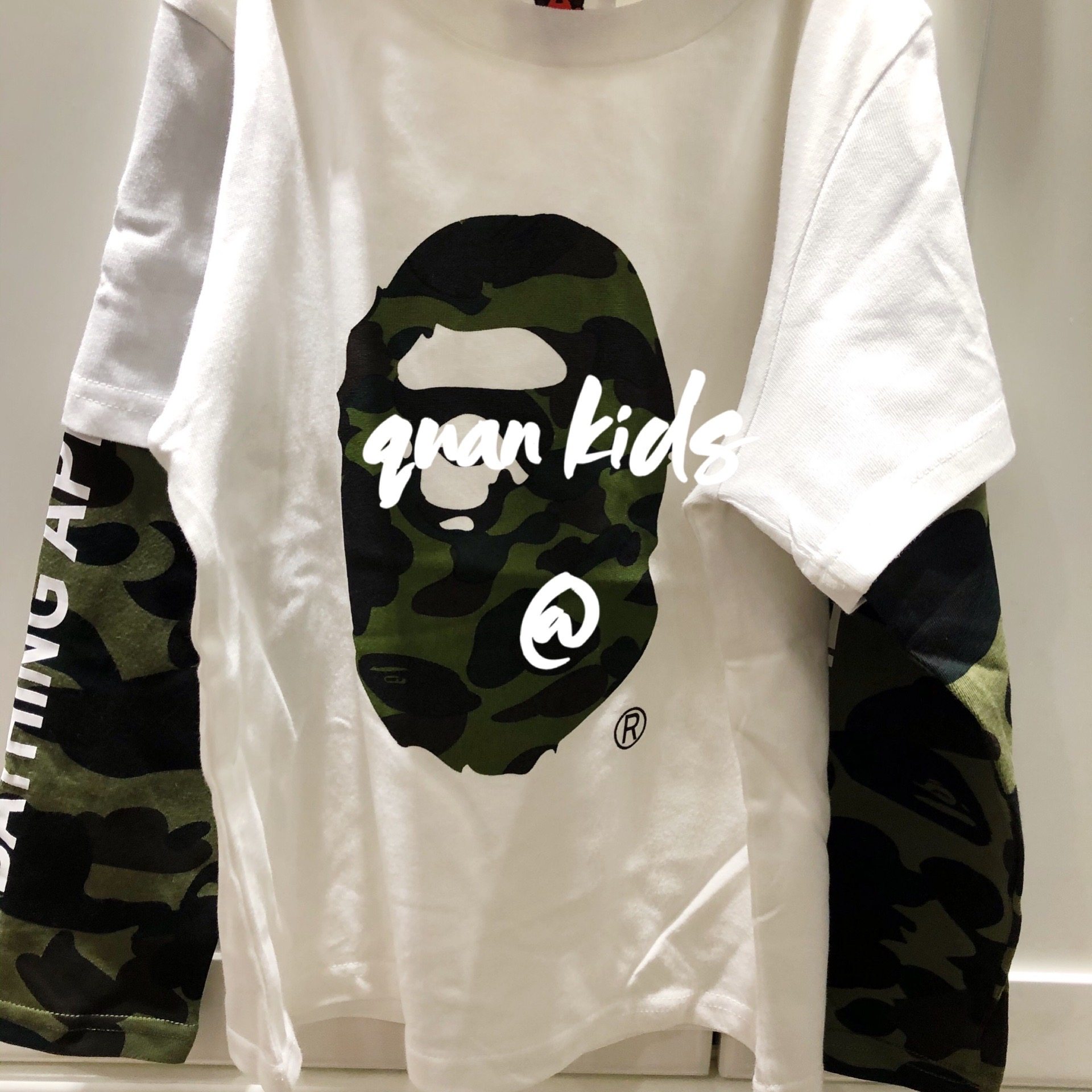 QUANKIDS Japanese tide brand children's camouflage sleeve fake two-piece T-shirt boy baby cotton printing round neck
