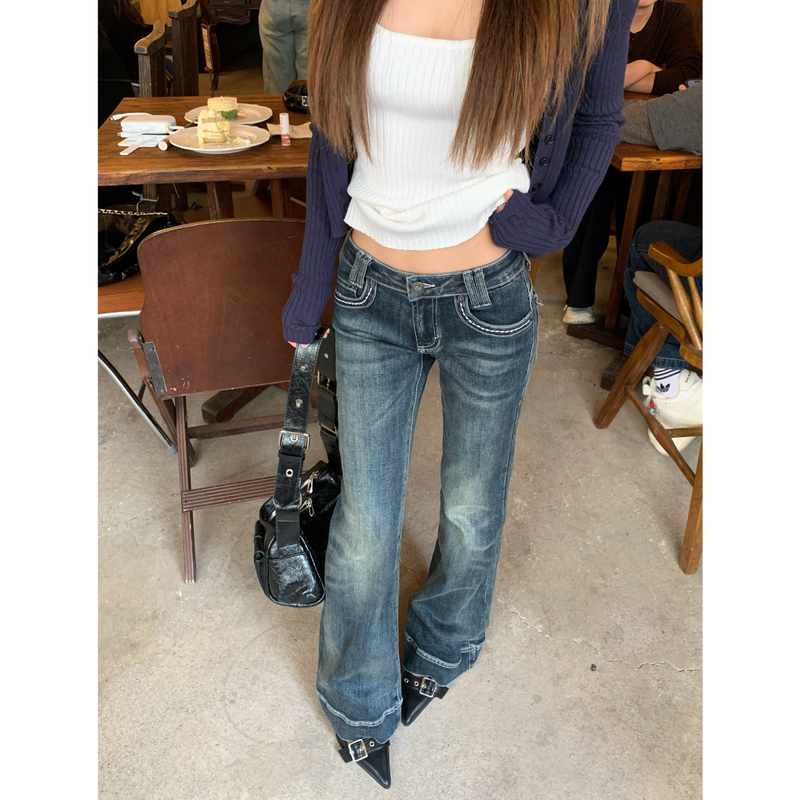 Yaliii Models Legs Perfectly! Petite Hot Girl Low-Rise Vintage Washed High-Stretch Embroidered Flared Jeans