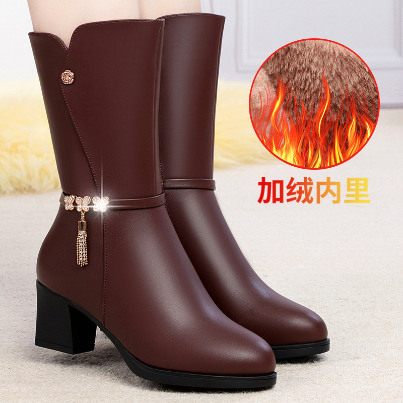 2022 Fall and winter Mom's boots in the heel and heat of the soft - solid soft - solid lady's boots female season cotton shoes