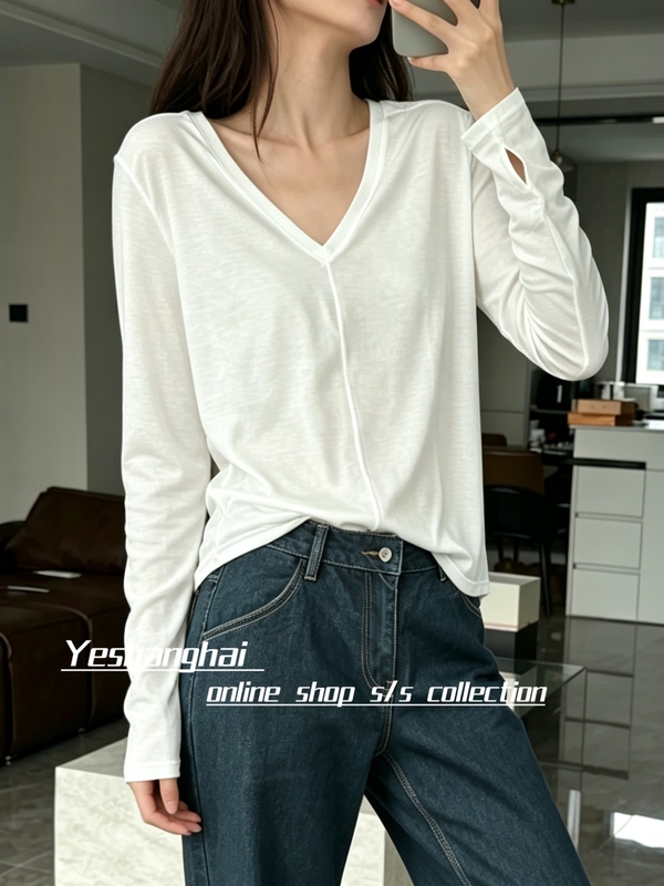 (Now Available) Night Shanghai Tencel Wool V-Neck Epaulet Long Sleeve T-Shirt Black/White
