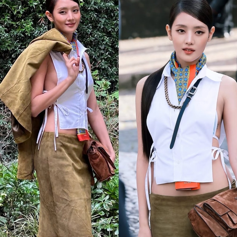 Fashion Week Minnie-Style Suede Jacket, Fashionable Sleeveless Cut-Out Lace-Up Shirt, Denim Suspender Skirt