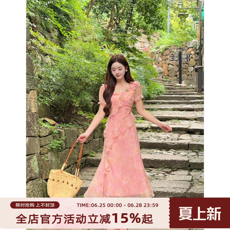 Qiqi Hengmang【Rose Whispers】French Romantic Style Floral Long Dress for Women, Waist-Cinching, Slimming, Ruffled Dress