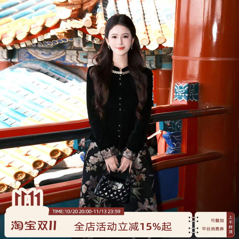 Lili Li Li [Travel in Art] Vintage Classical High-End Suit 2026 Winter Velvet Jacket and Skirt Set for Women
