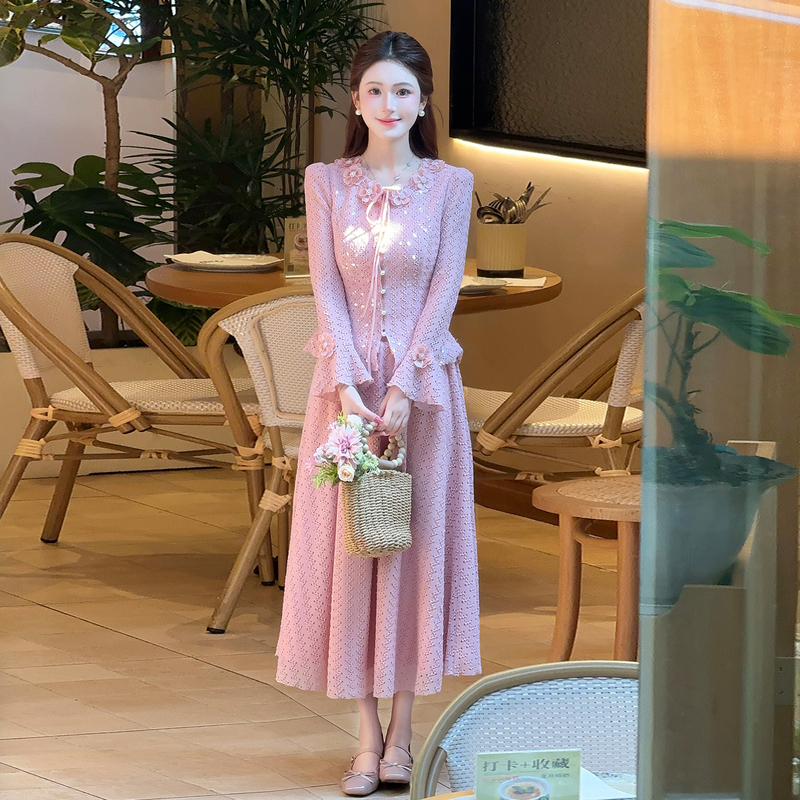 Lili Lili【Pink Mist Mambo】French-Style Tweed Two-Piece Set with Heavy Sequin Floral Pink Suit for Spring