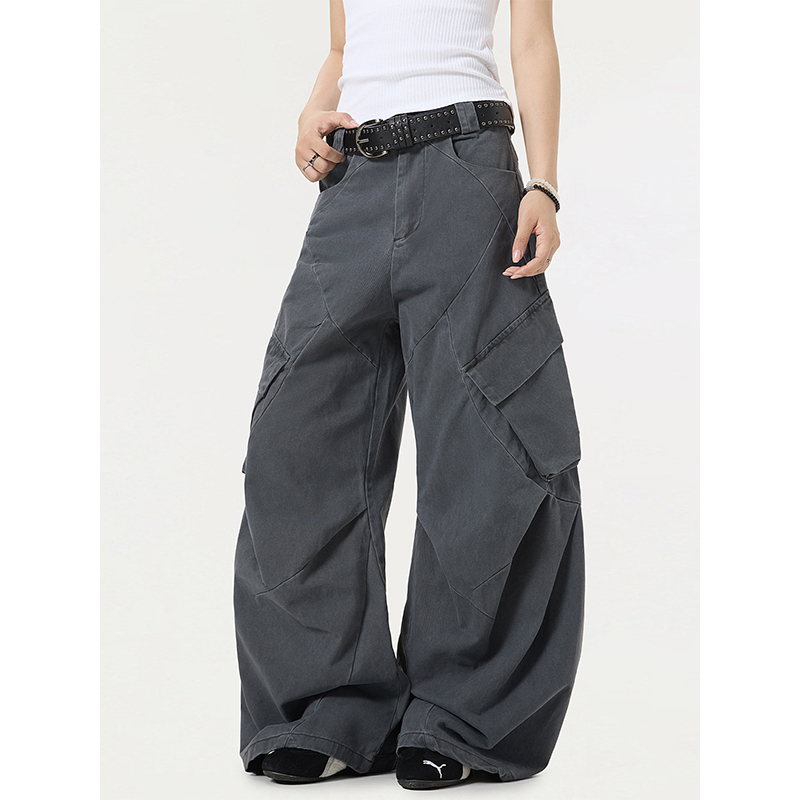 Breeze Cloth Pear American Retro Scimitar-Style Wide-Leg Cargo Pants for Women, Can Be Worn with a Sense of Style, Washed and Distressed Banana Pants