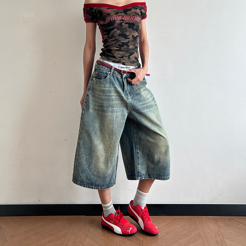 Breeze Summer Korean Style Washed Wide-Leg Cropped Denim Shorts, Loose and Slimming, Straight-Leg Shorts