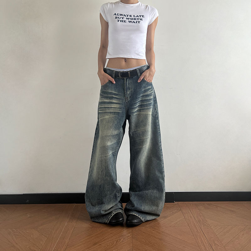 Breeze Korean Retro Vintage Whiskered Distressed Jeans for Women, Loose Fit, Slimming Straight-Leg Pants