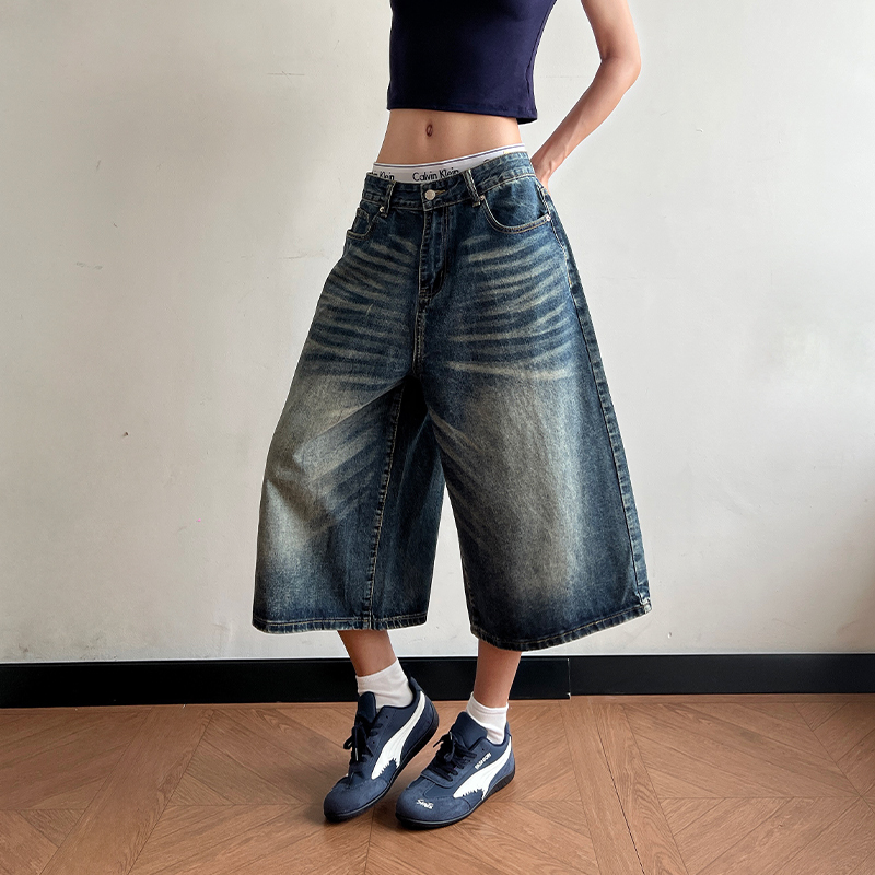 Breeze Cloth Pear American-Style Washed Hand-Painted Whiskered Cropped Denim Shorts Unisex Versatile Shorts