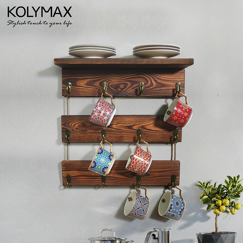 American Retro Solid Wood Cup Rack Wall-mounted Coffee Mark Milk Tea Cup Store Containing Layer Shelf Creative Personality Kitchen Shelve