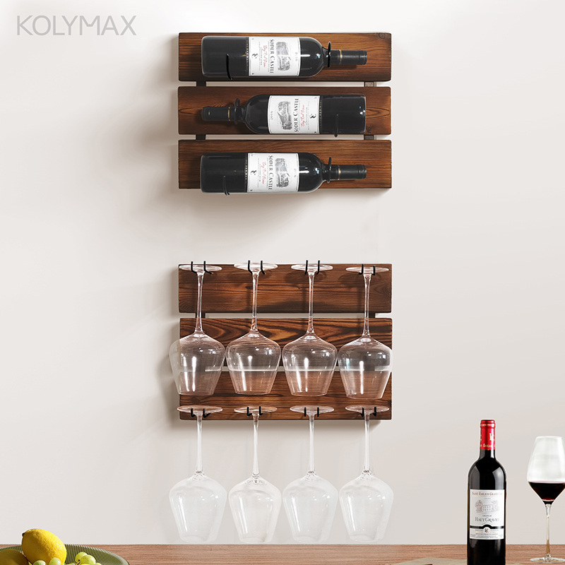 Retro solid wood red wine rack wall-mounted red wine glass shelf Mini home bar Creative Wine Bottle Wine Glass Wall Shelf