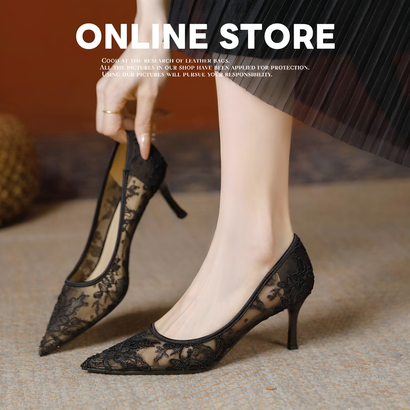 French-Style Pointed-Toe Black Lace Embroidered Single Shoes for Women, New Spring and Summer Mesh Sexy Stiletto Heels, Elegant and Breathable High Heels