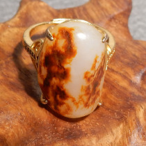 Shocked by dialect Hetian jade Xinjiang Yulong River old ripe red Qin skin white jade seed raw stone silver inlaid jade ring h7