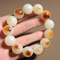 Hot dialect Hetian jade mature oily and delicate red Qin leather white jade seed card 16mm round bead bracelet bracelet S2