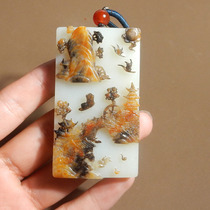 Shocking dialect Hetian jade yellow Qin mutton fat white jade with sugar and Russian seeds pretty color and cleverly carved artistic conception mountain sailor handle piece h7