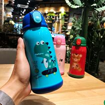 Cartoon childrens thermos cup with straw dual-use fall-proof male and female baby water cup Kindergarten primary school students portable kettle