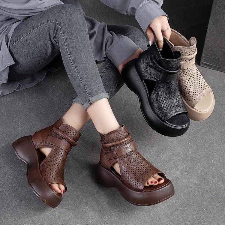 Sandalias Romanas De Cuero Para Mujer Con Plataforma Y Tacón_voghion.com