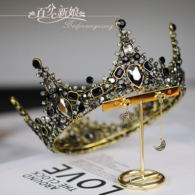 Black Bridal Crown Tiara Halloween Baroque Round Crown Princess Crown Veil Prom Banquet Birthday Crown
