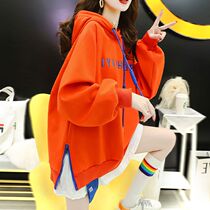 Pregnant women spring clothing long sleeve Fashion Net red loose belly cover fake two hooded sweater womens thin large size coat coat