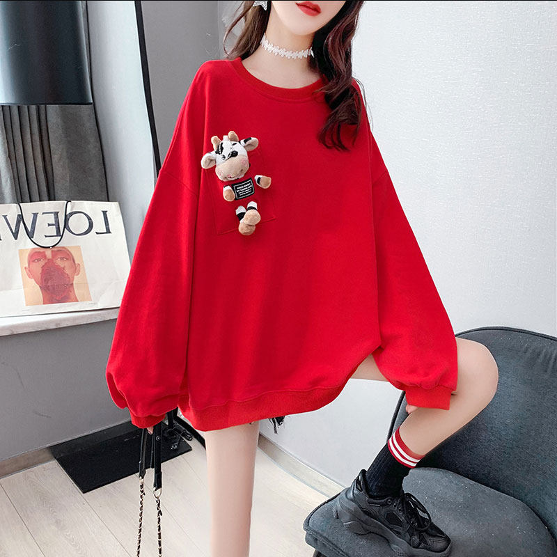 2021 new big red cow large size pregnant women loose top cover belly Korean version loose round neck long sleeve thin section thick cotton T women