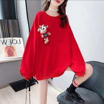 2021 New Big Red Bull Plus Size Pregnant Women Loose Blouse Korean Loose Round Neck Long Sleeve Thin Sweater Women
