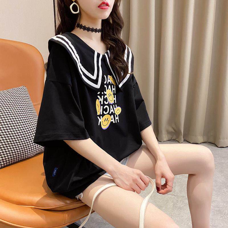 2021 Summer new Korean version of doll collar short sleeve T-shirt with long version large size for women with loose blouses for pregnant women