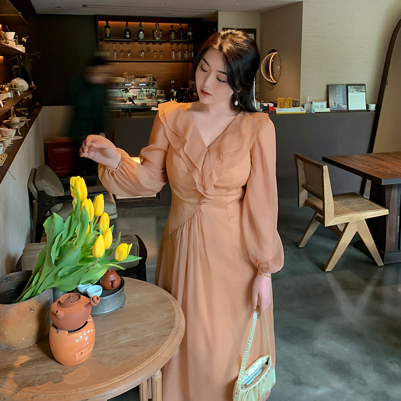 Acfat Agaric Side Foreign Dress Fat MM2022 Spring Method V Collar Irregular Shade of a Long Skirt Q1132