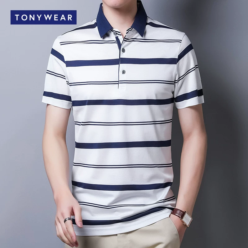 TONY WEAR/ Весна и лето мужской поло с лацканом-лапелем из шелка холодного оттенка с короткими рукавами в полоску темно-синий
