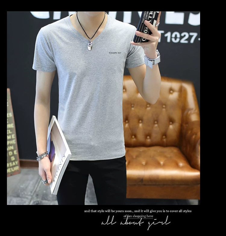 2018 mới đẹp trai quần áo ngắn nam áo thun ngắn tay 丅 桖 cotton mùa hè nửa tay nửa nam 	áo thun nam body