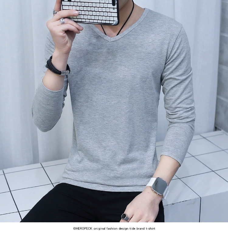 Áo thun cotton cổ chữ V màu trơn rộng tay dài tay rộng 丅 áo sơ mi nam thanh lịch mùa thu quần áo body áo đổ máu áo thun nam polo