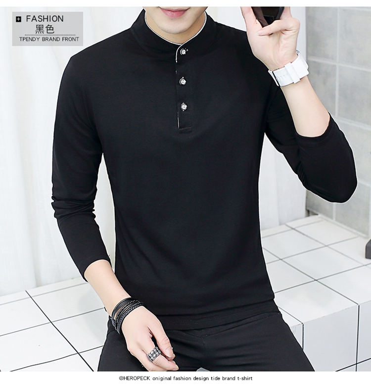 Đầm cotton cổ cao thời trang 2018 mới mùa thu áo thun tay dài nam áo máu đất mặc quần áo mùa thu trên quần áo áo thun tay lỡ nam