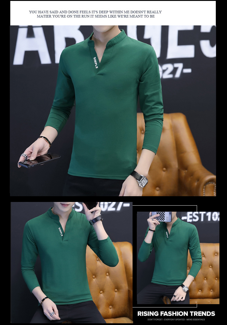 Quần áo cotton cổ chữ V mặc áo thun nam tay dài màu máu chì với quần áo nam đẹp trai trưởng thành bẩn 30 áo thun nam trung niên