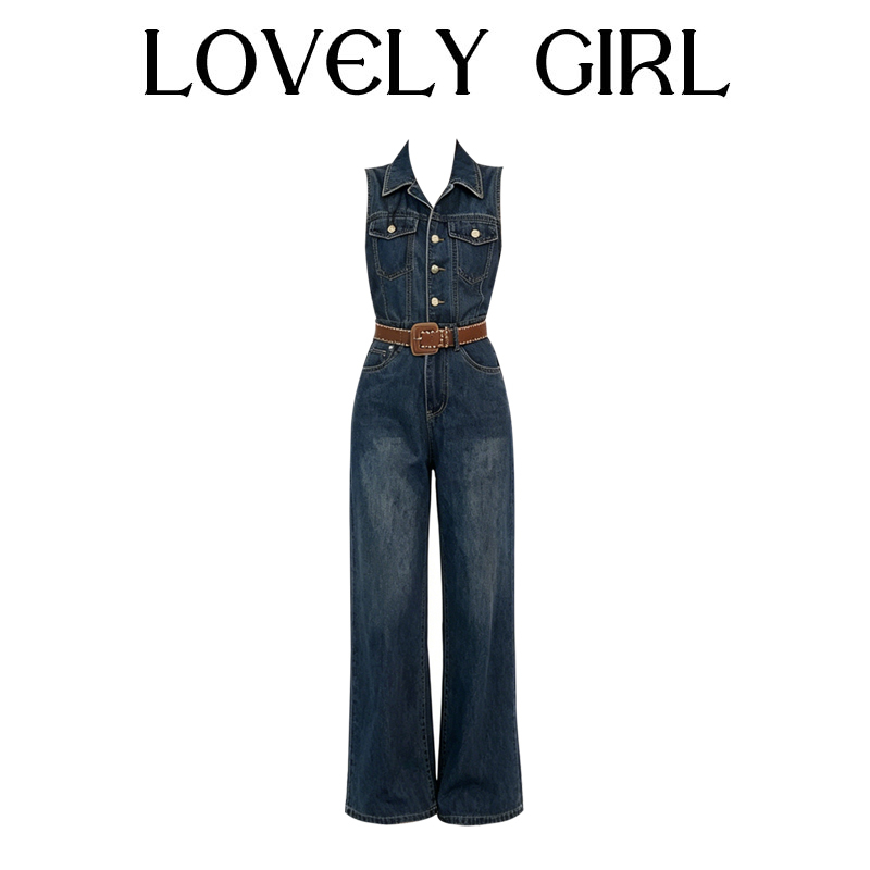 Blue Retro Hong Kong Style High-Waisted Denim Jumpsuit for Women, Summer High-End Vintage Washed Wide-Leg Jumpsuit