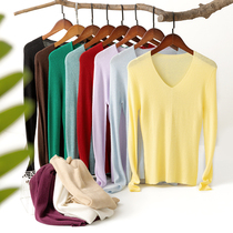 Ku Yin sweet worsted pearl cashmere island essence seamless full-form long sleeve V neck base shirt