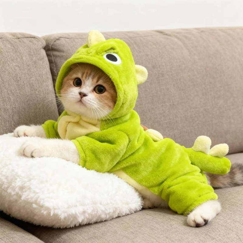 New Style Cat Clothes with Flannel, Leash Buckle, Fleece Lining, Thickened for Autumn and Winter, Hooded Four-Legged Outfit for Kittens and Adult Cats