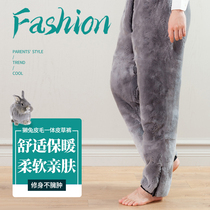 Rex rabbit fur fur pants mens middle-aged and elderly plus velvet padded leather fur pants womens high-waisted fur cotton pants