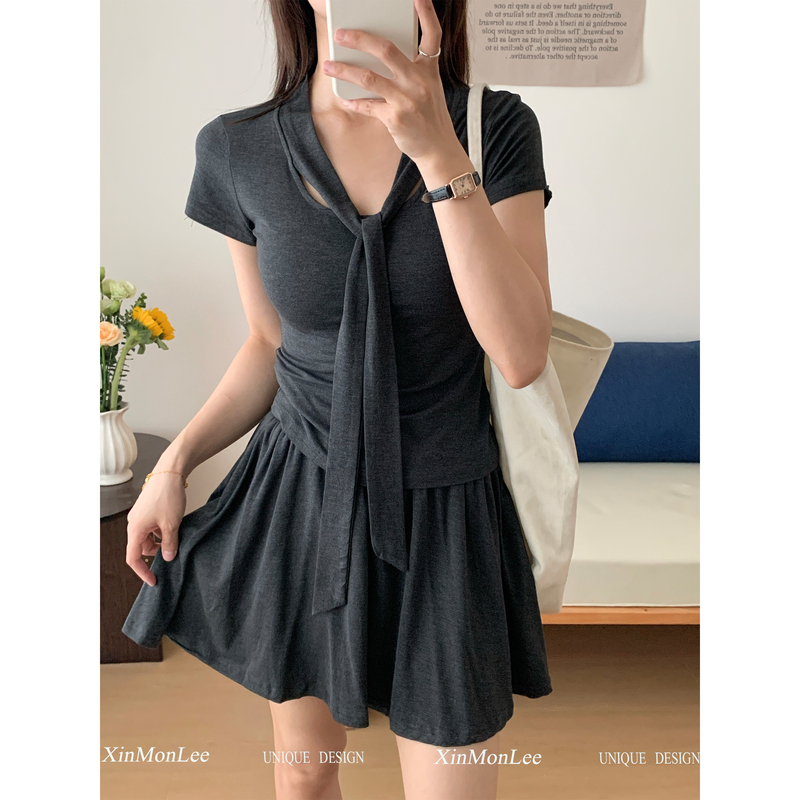 Korean Simple Suit for Women, Summer Bow V Neck Design, Right Shoulder, Short Sleeves, High Waist Draped Skirt, Elegant Two-Piece Set