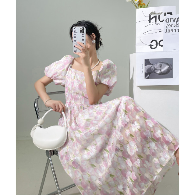 French Floral Gentle Wind Tea Break Temperament Square Neck Puff Sleeve Dress Fairy Summer 2022 New Waist Slimming