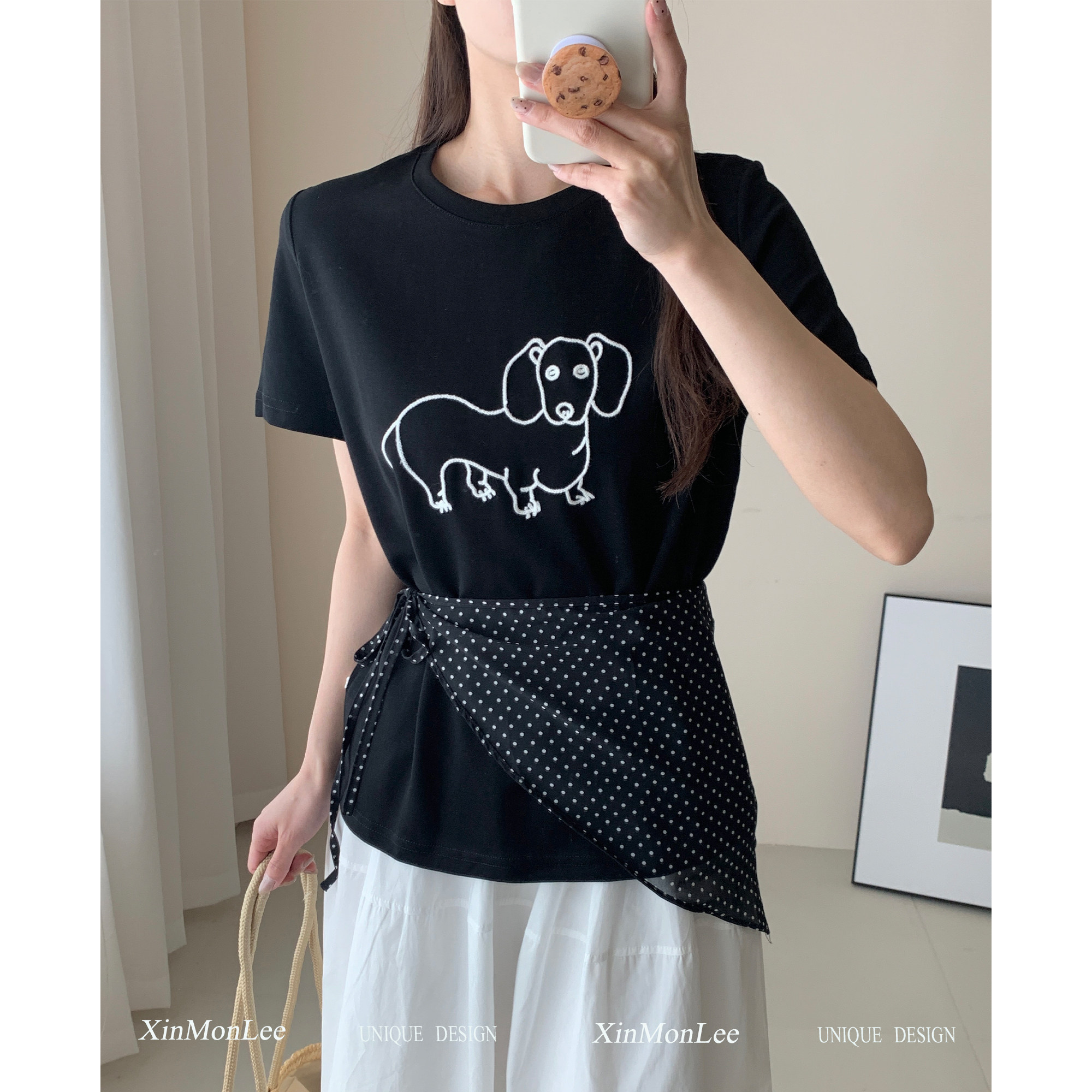 XinmonLee韩系时尚卡通狗狗圆领套头短袖T恤衫百搭设计感显瘦上衣