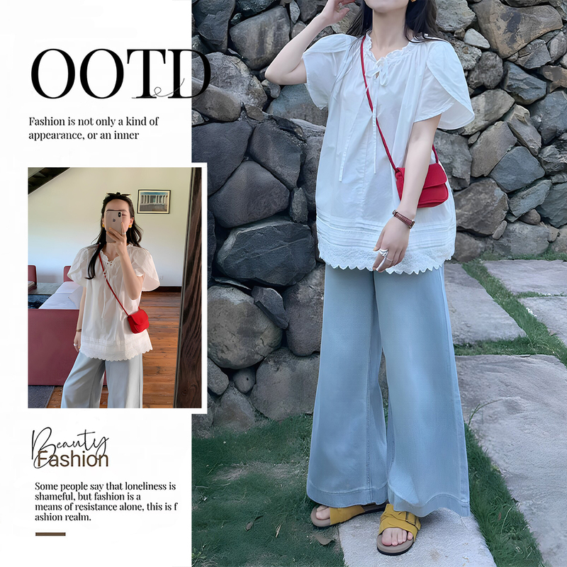 2026 Super Trendy Outfit: a Complete Set of White Lace Patchwork Short-Sleeved Shirt Top and Denim Wide-Leg Pants Two-Piece Set for Women