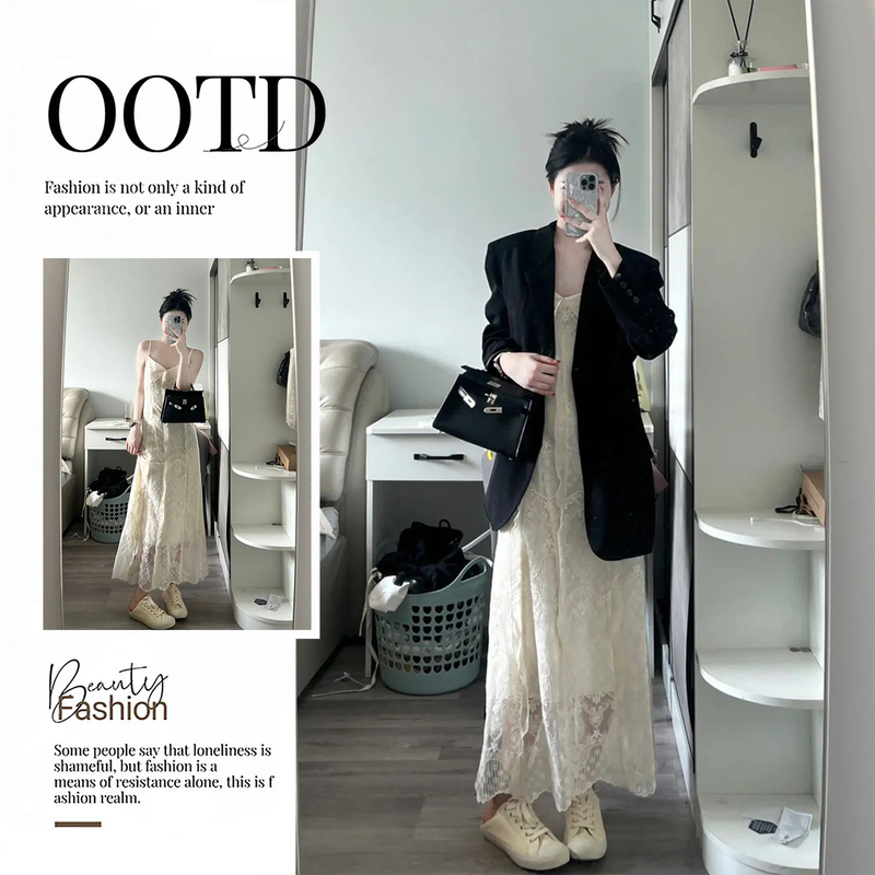 2026 Super Popular Spring Outfit: a Complete Set of Casual and Work-Appropriate Black Blazer Layered with a Lace Camisole Dress Set